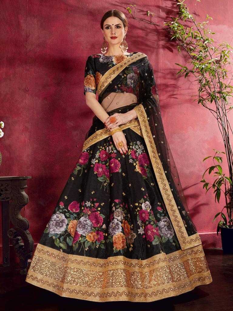 Latest Black Sabyasachi Saree Designs | Black Floral Printed Silk Wedding Lehenga  Choli with Dupatta | Designer Lehenga Choli