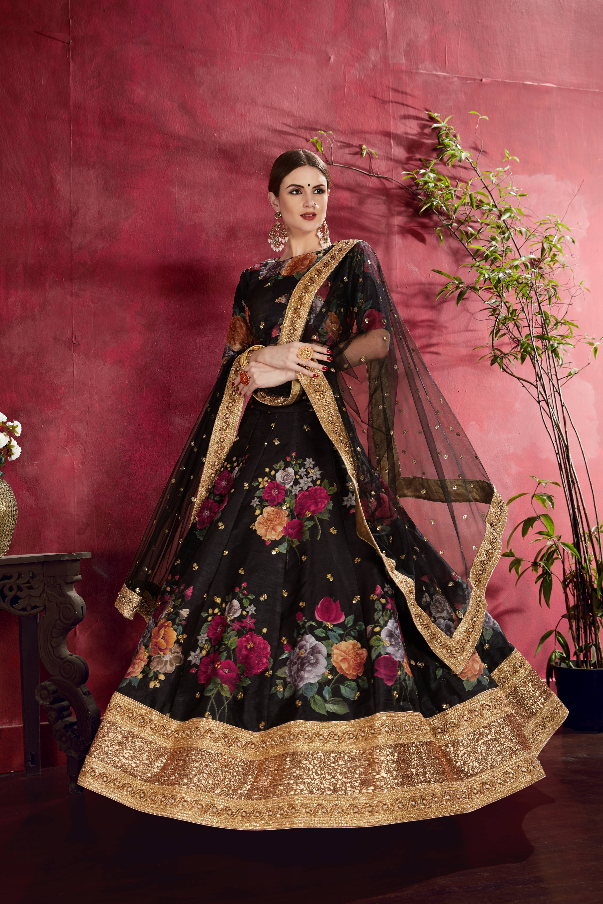 Arresting Black Floral Printed Banglory Silk Wedding Lehenga Choli With Dupatta