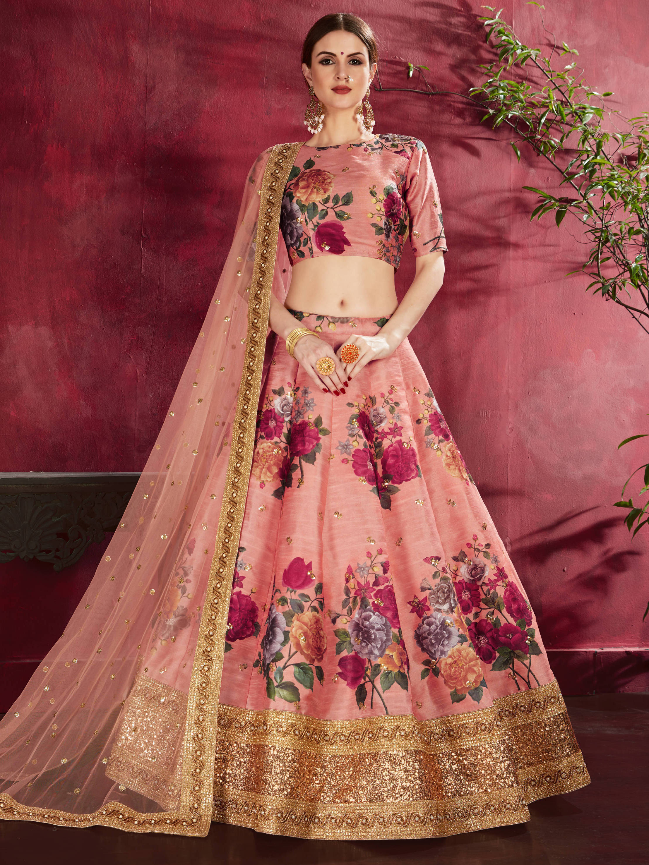 Adorning Peach Floral Printed Banglory Silk Wedding Lehenga Choli With Dupatta