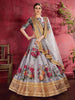 Impressive Grey Floral Printed Banglory Silk Wedding Lehenga Choli With Dupatta