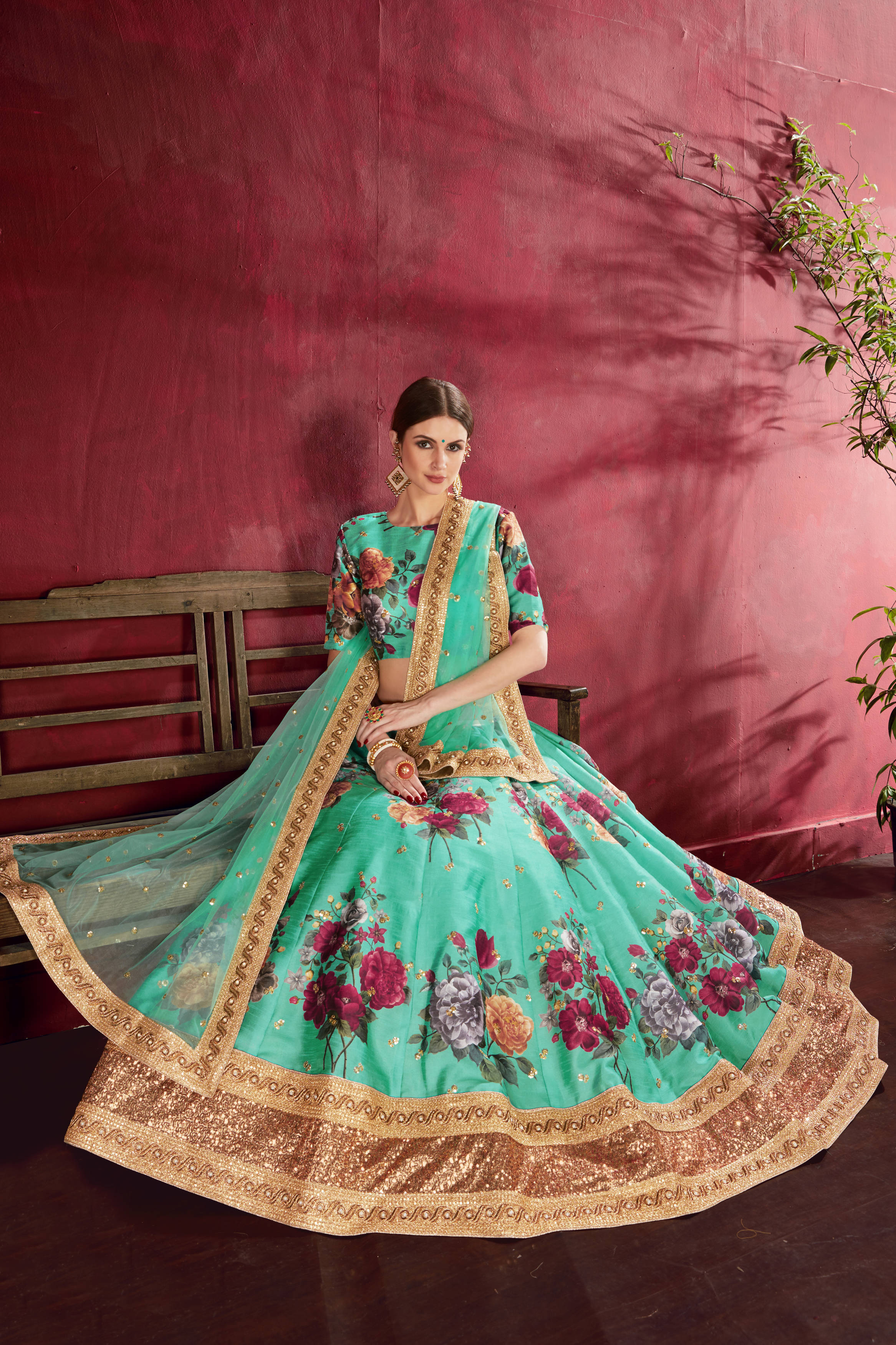 Desiring Green Floral Printed Banglory Silk Wedding Lehenga Choli With Dupatta