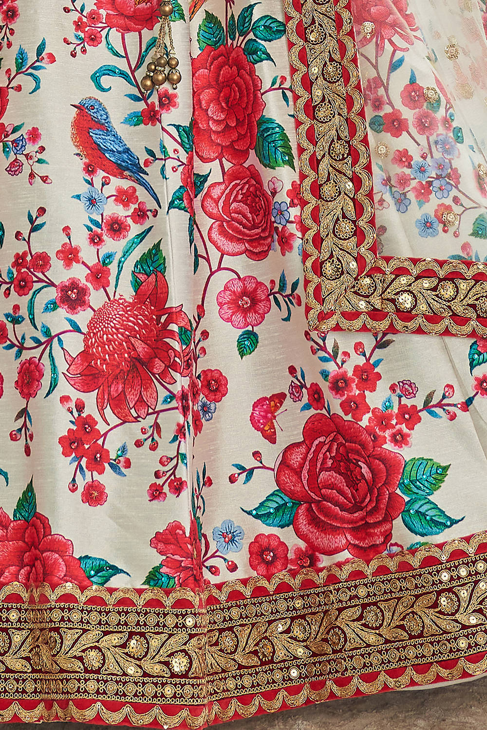 White-Red Floral Printed Art Silk Engagement Lehenga Choli With Dupatta