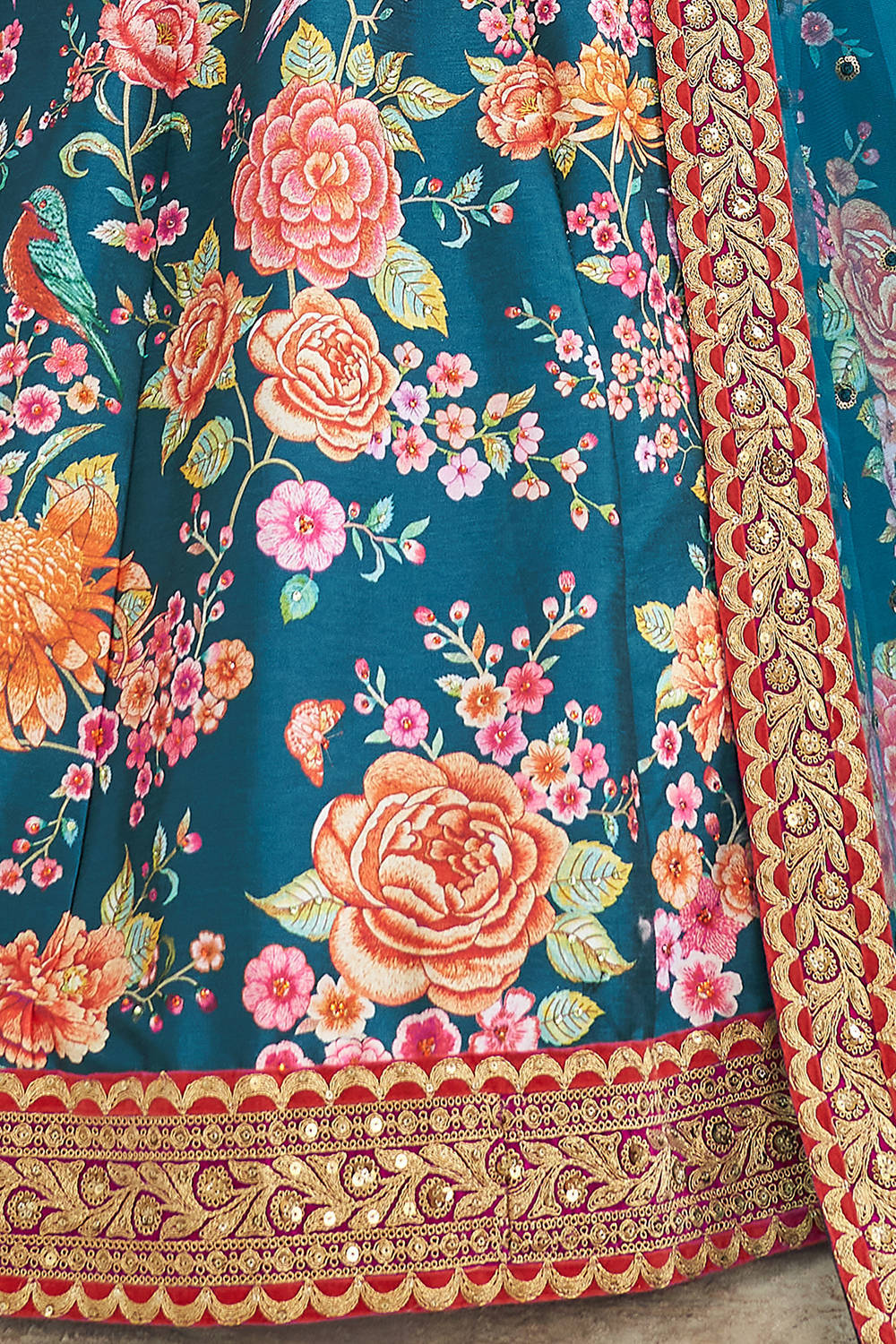 Teal Blue Floral Printed Art Silk Engagement Lehenga Choli With Dupatta