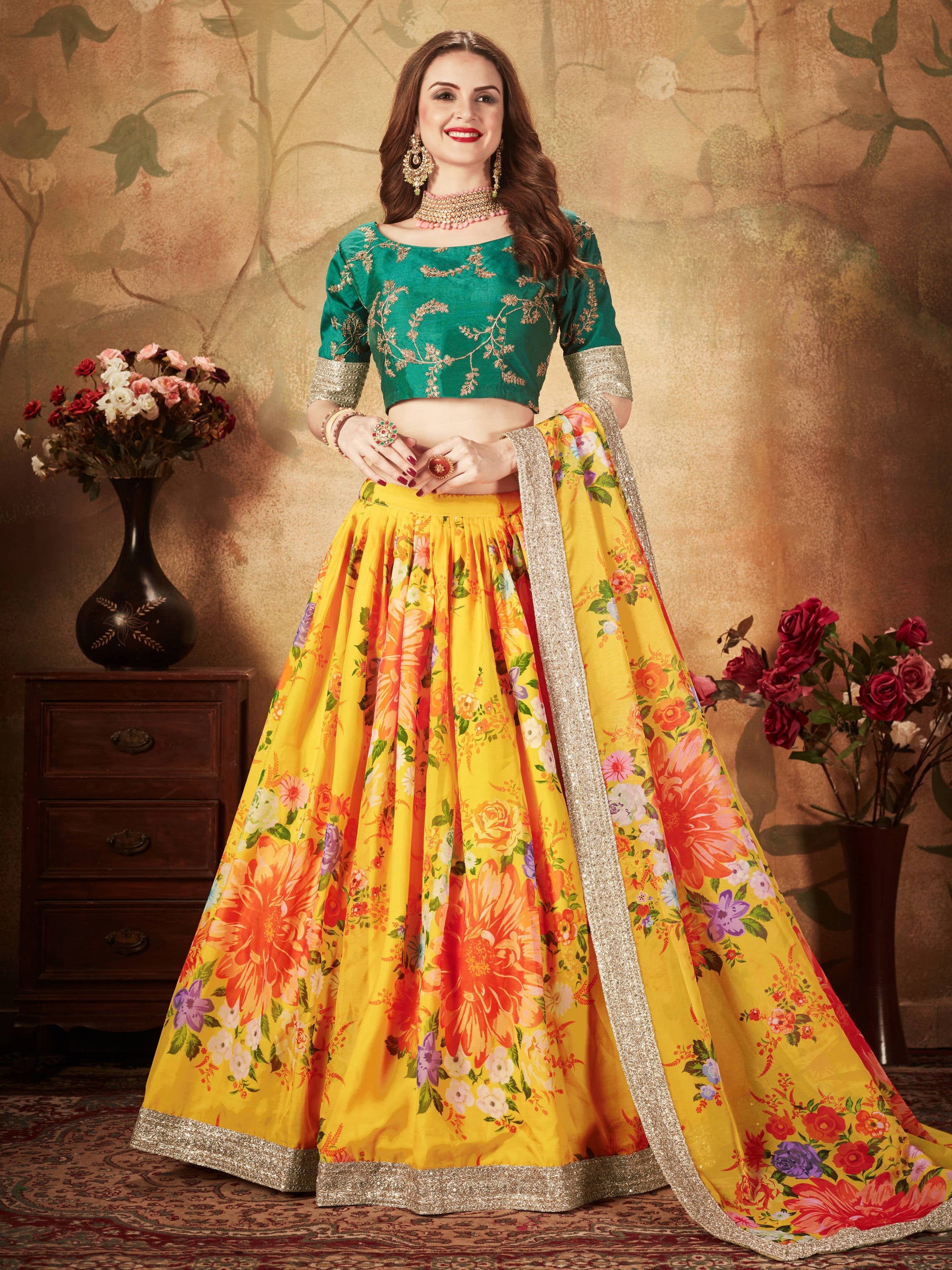 Buy Radiant Yellow Digital Printed Organza Silk Bridal Lehenga Choli With Green Blouse from Designer Lehenga Choli