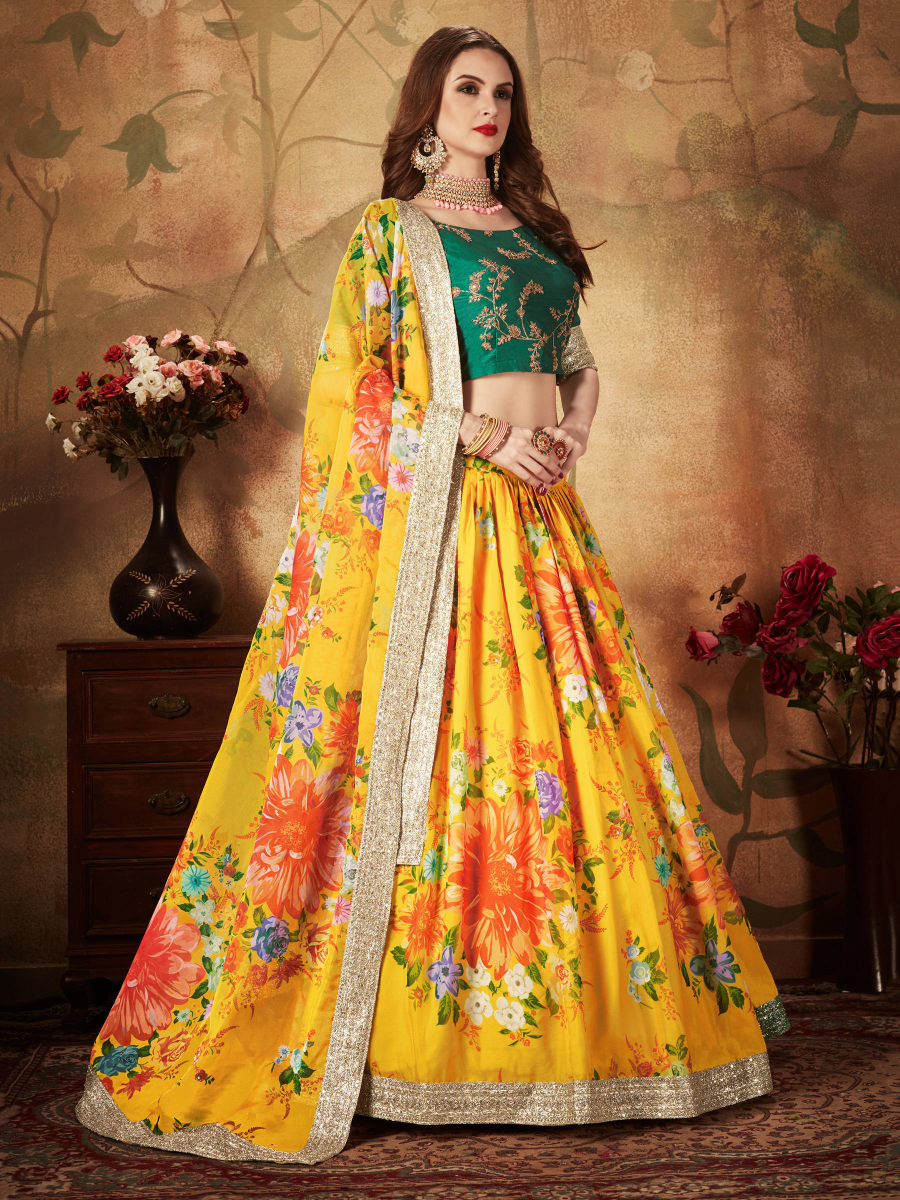 Radiant Yellow Digital Printed Organza Silk Bridal Lehenga Choli With Green Blouse