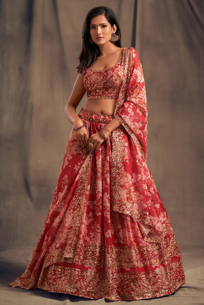 Red Zari Embroidery Organza Occasional Wear Semi Stitched Lehenga Choli