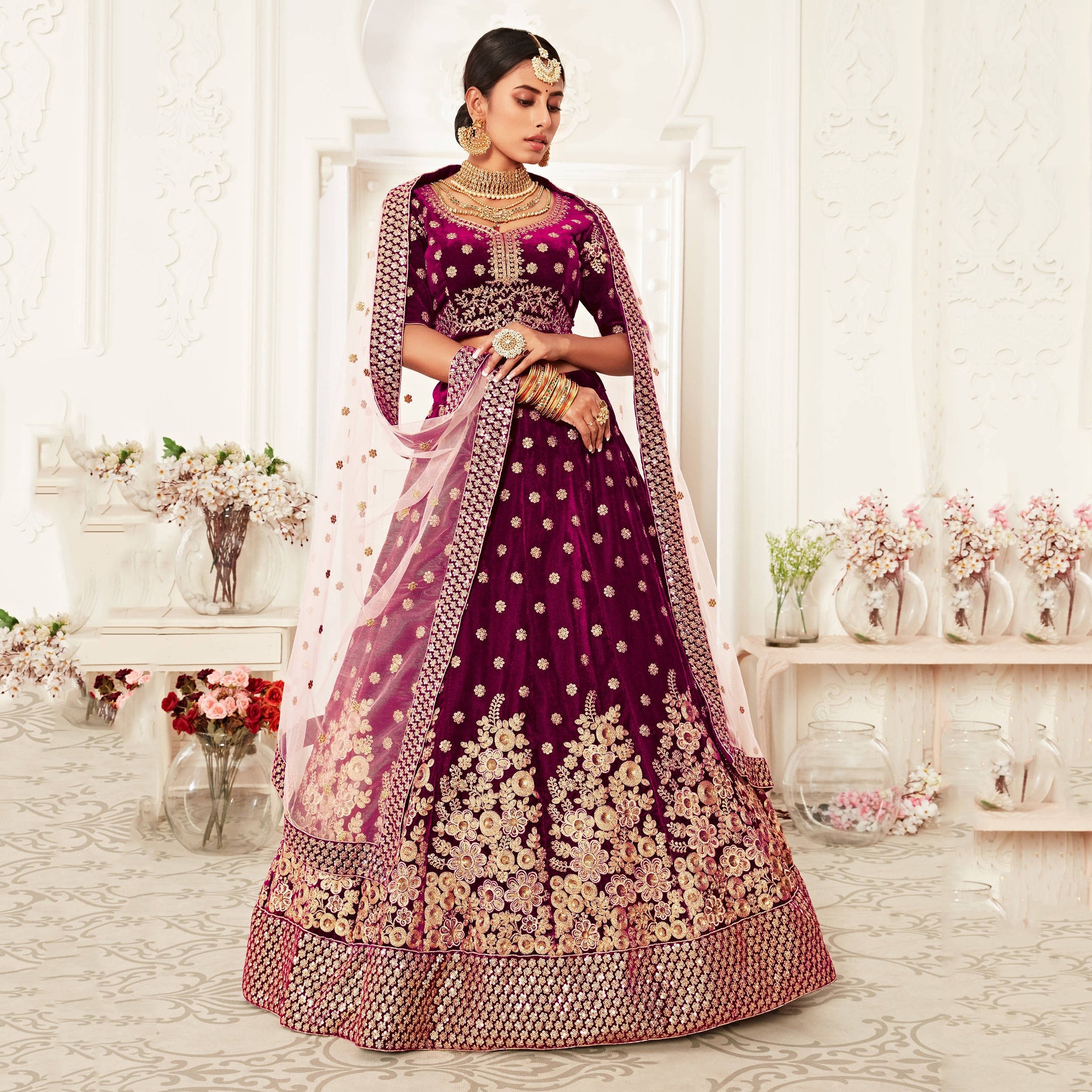 Buy Hypnotic Purple Floral Embroidery Velvet Wedding Lehenga Choli