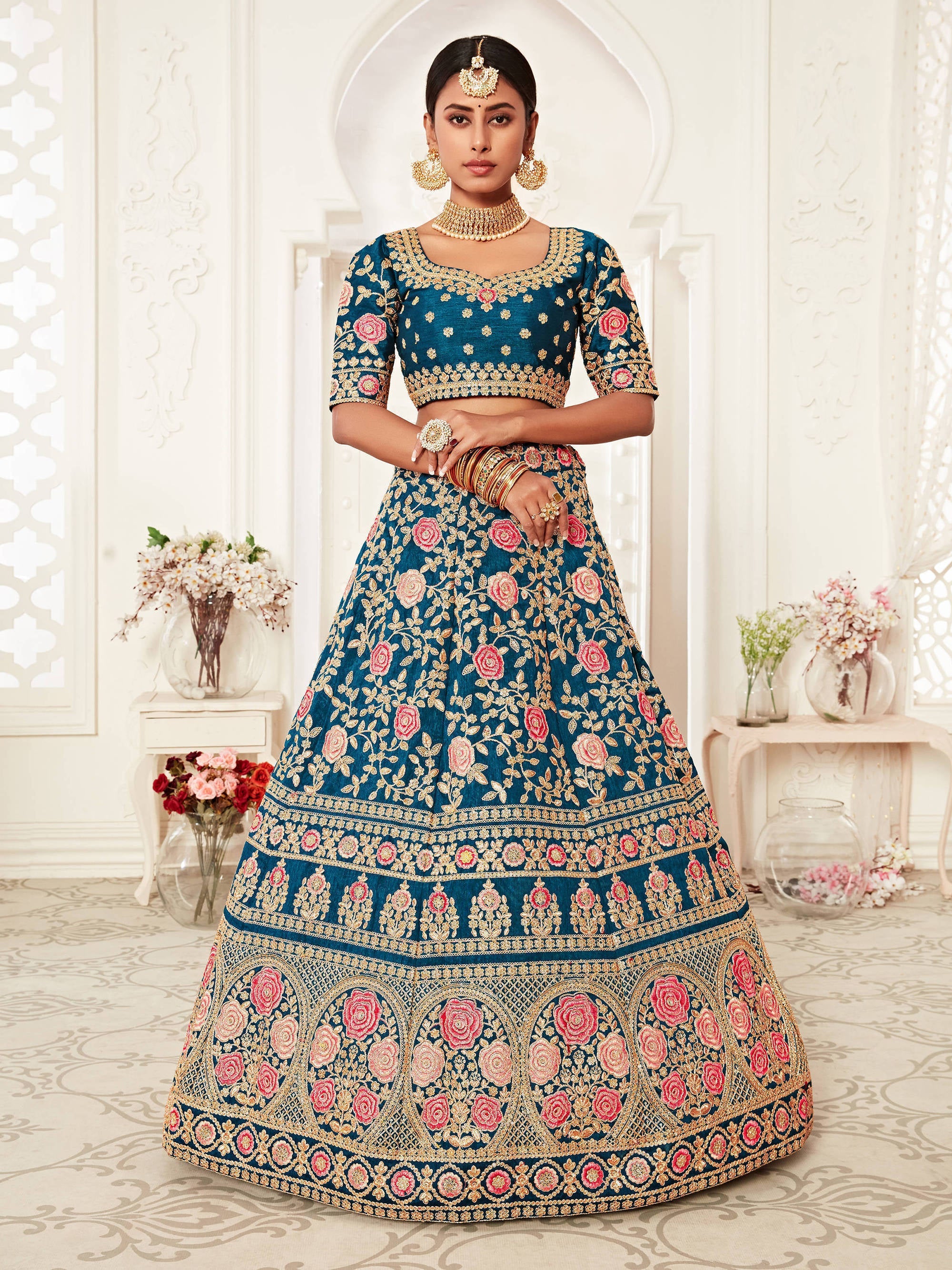 Elegant Blue Floral Embroidery Silk Wedding Lehenga Choli With Beige Dupatta