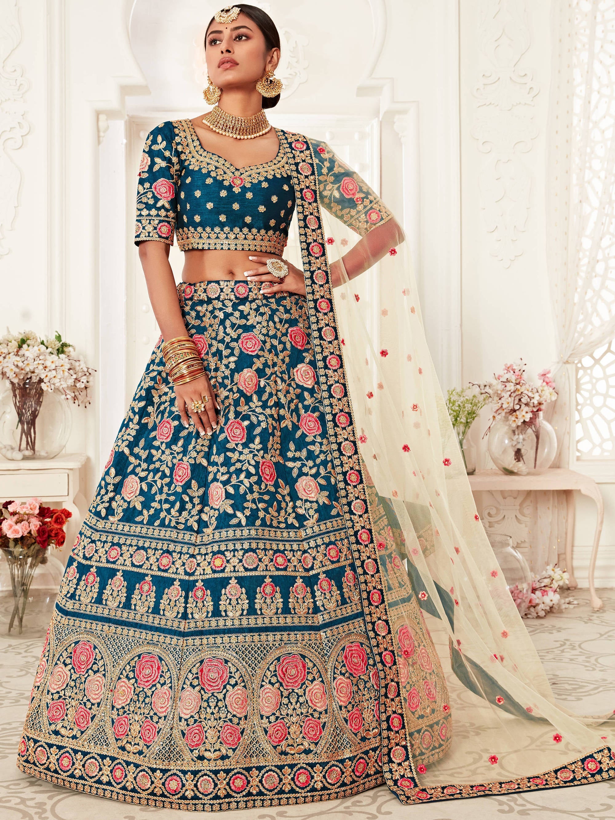 Elegant Blue Floral Embroidery Silk Wedding Lehenga Choli With Beige Dupatta
