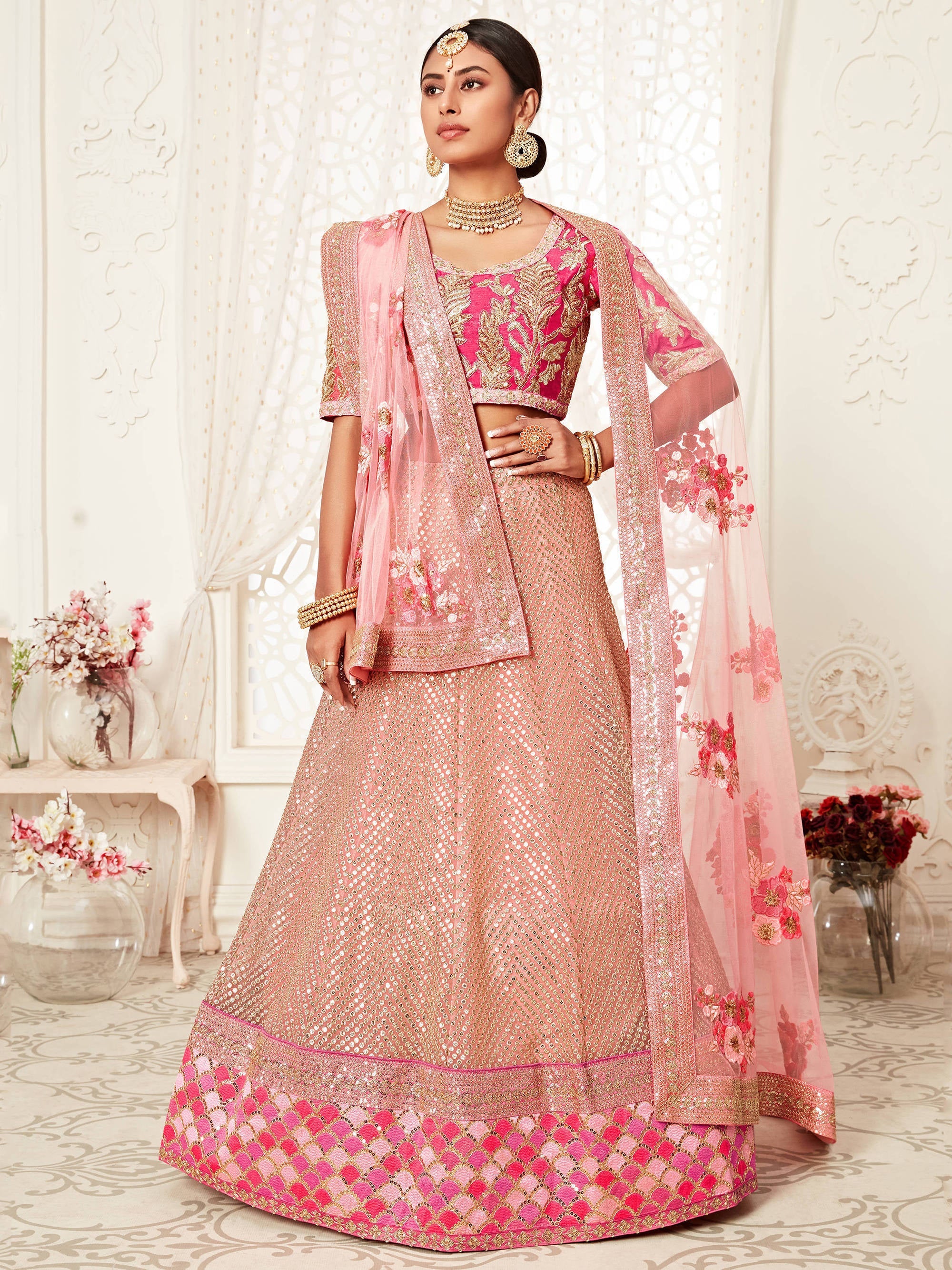 Mesmerizing Pink Embroidery Net Wedding Lehenga Choli With Dupatta