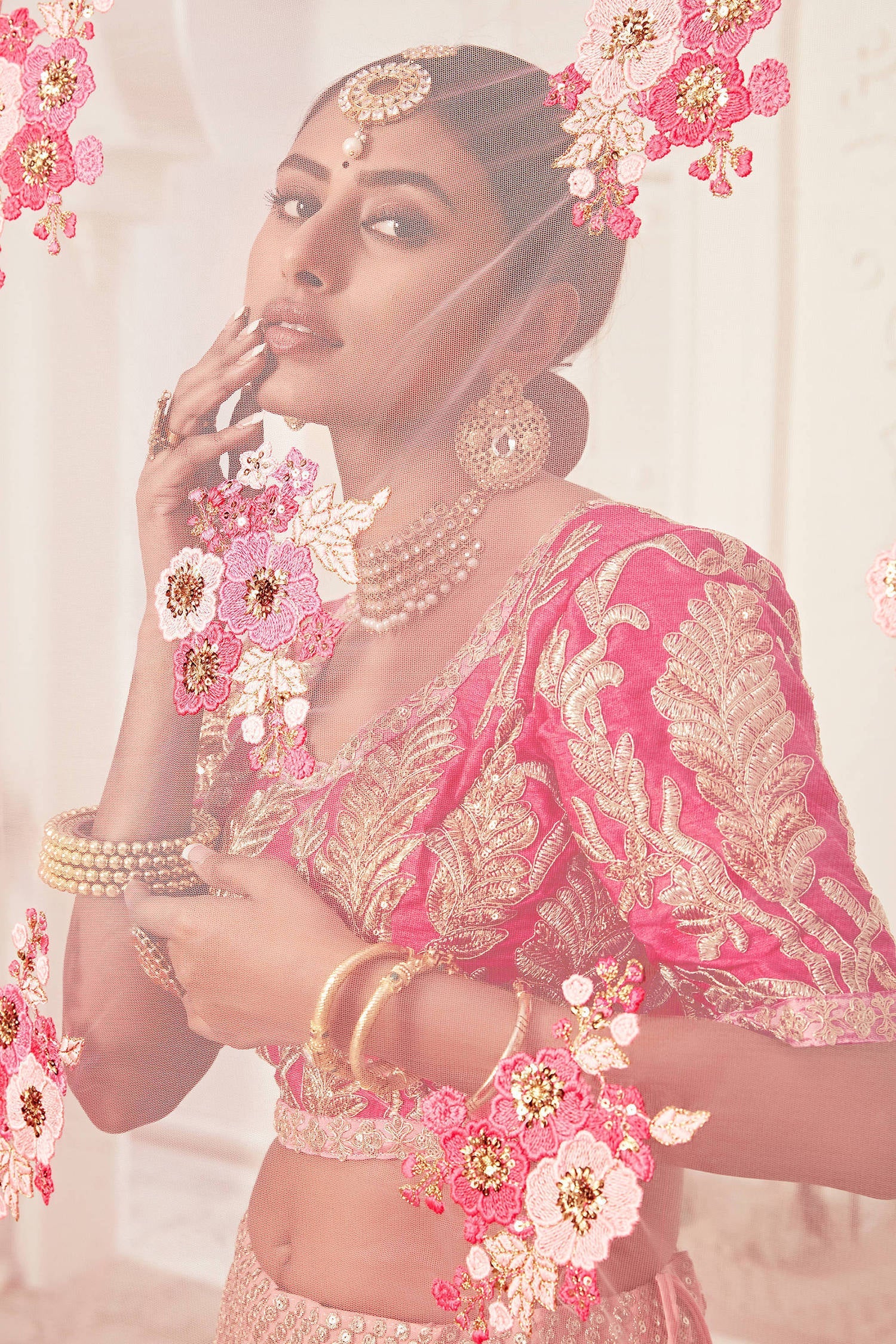 Mesmerizing Pink Embroidery Net Wedding Lehenga Choli With Dupatta