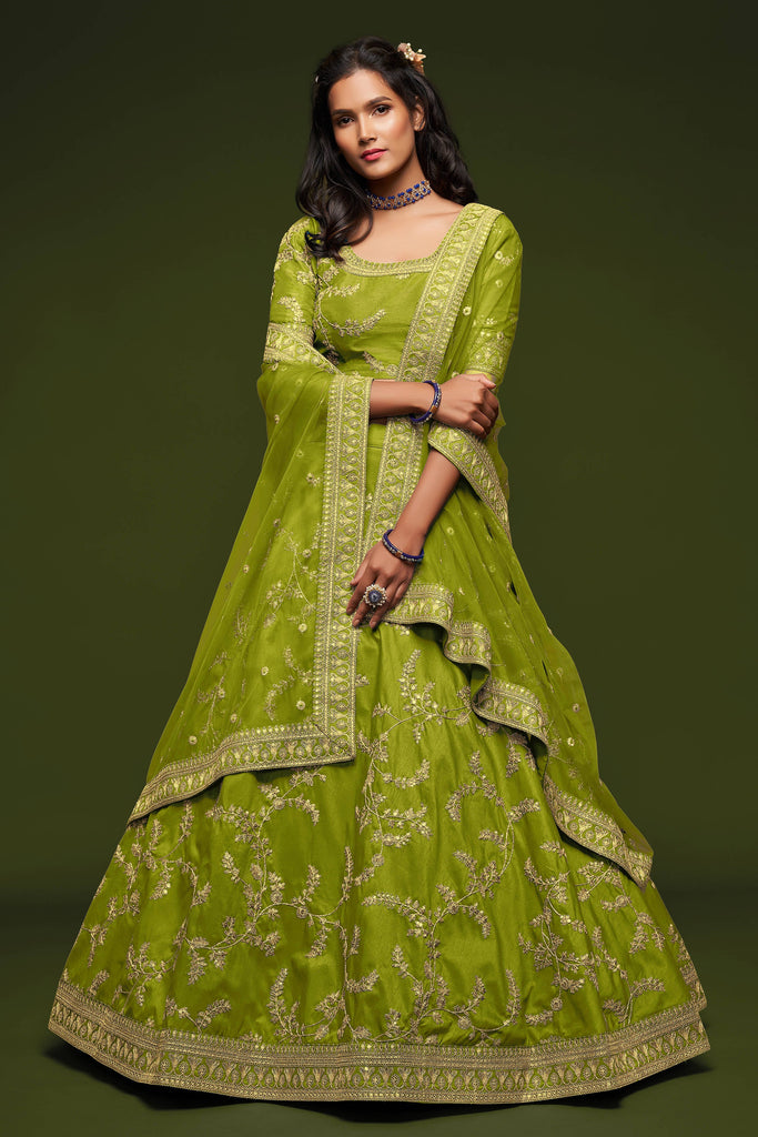 Satin Silk Embroidered Green Designer Lehenga Choli