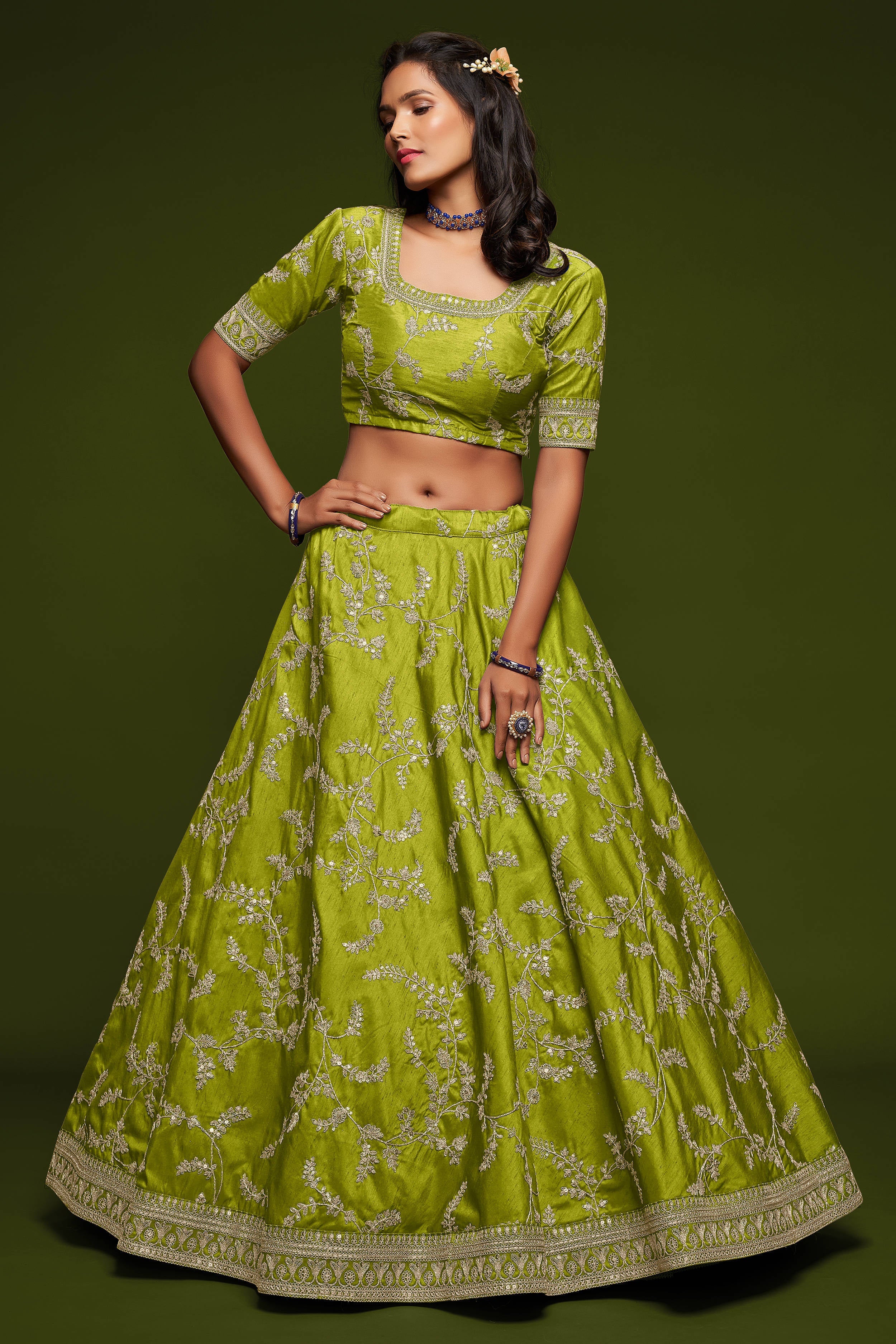 Beautiful Neon Green Thread Embroidered Silk Wedding Wear Semi Stitched Lehenga Choli