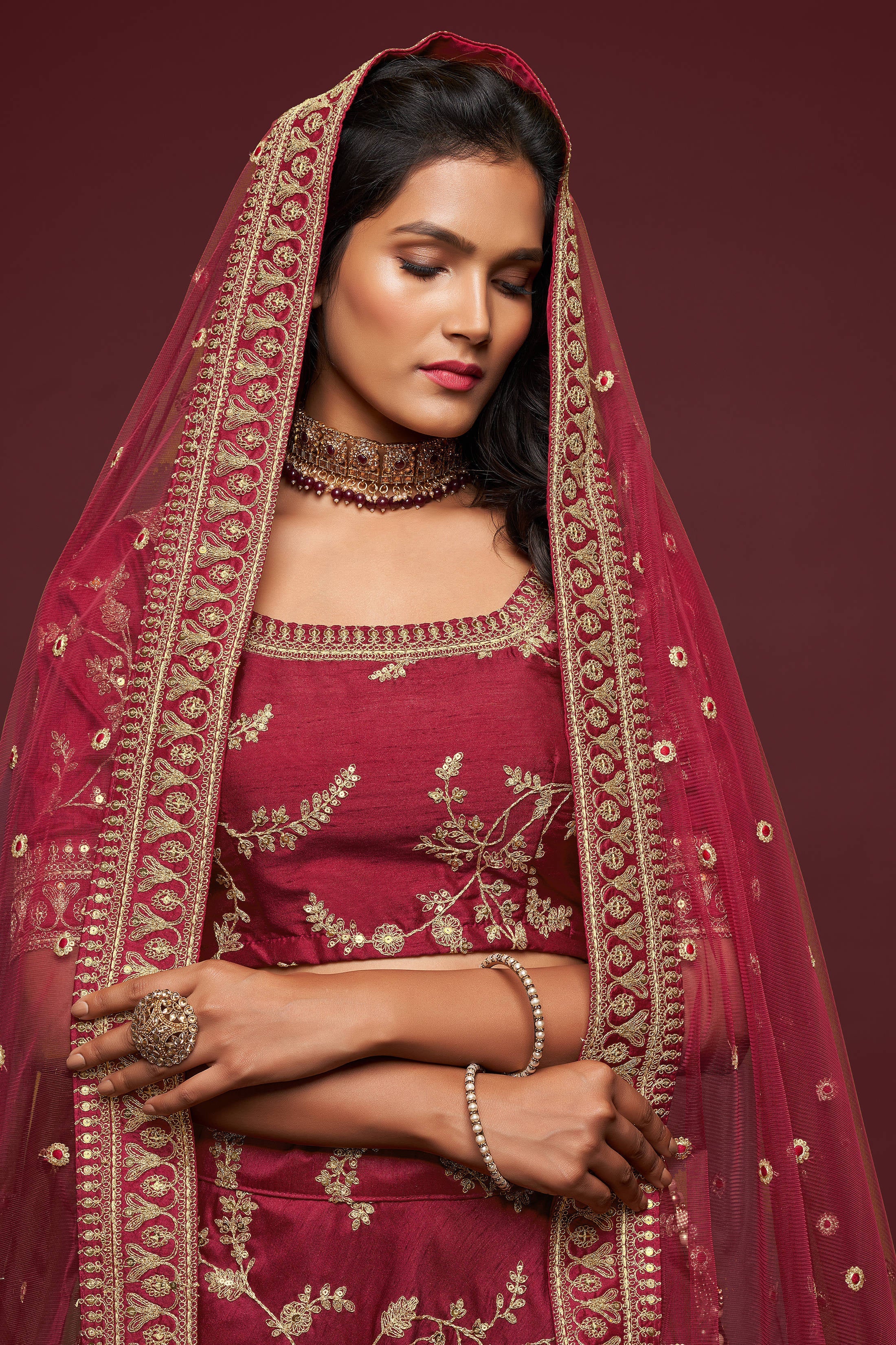 Lovely Maroon Thread Embroidered Silk Wedding Wear Lehenga Choli