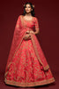 Attractive Coral Red Thread Embroidered Silk Wedding Wear Semi Stitched Lehenga Choli