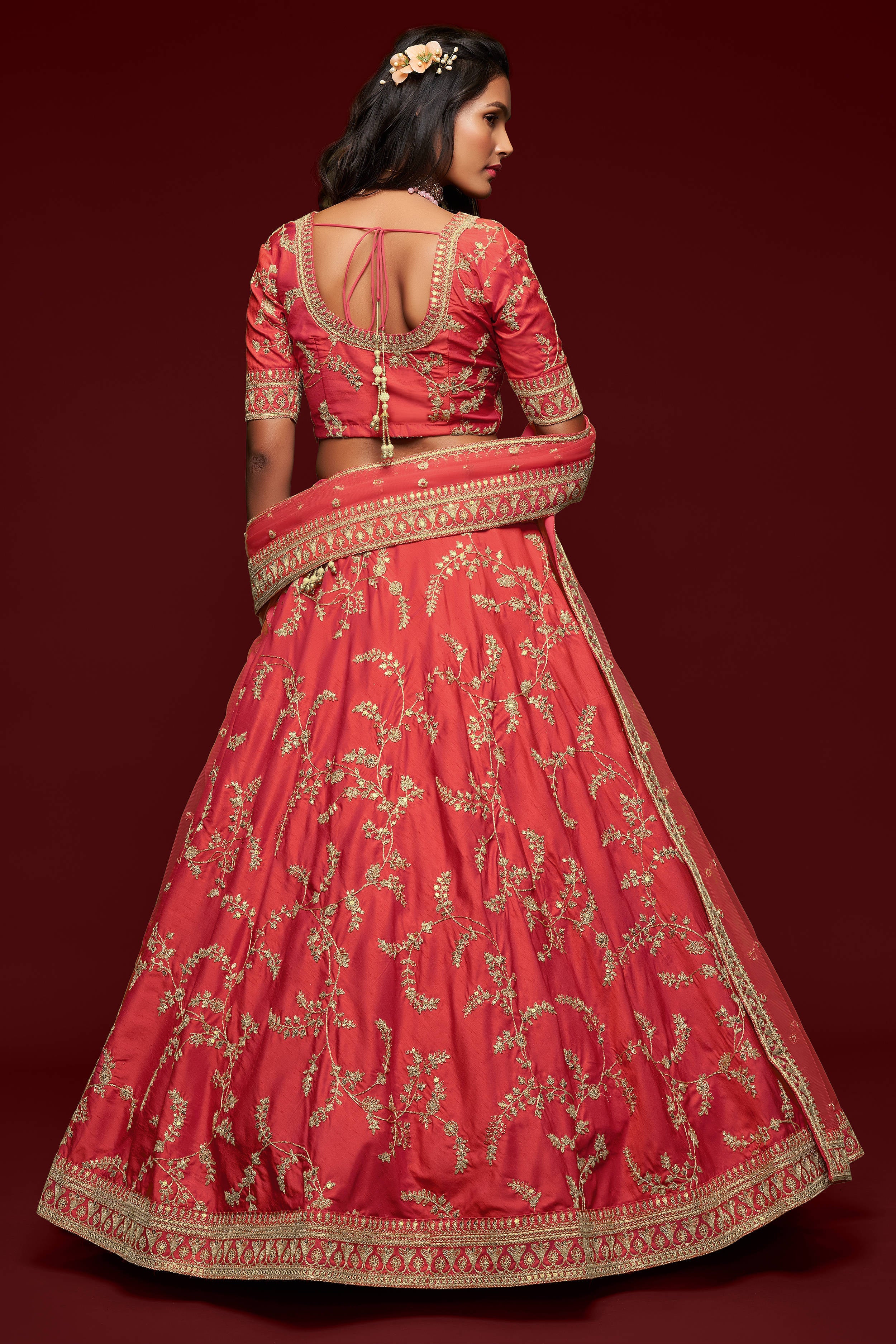 Attractive Coral Red Thread Embroidered Silk Wedding Wear Semi Stitched Lehenga Choli