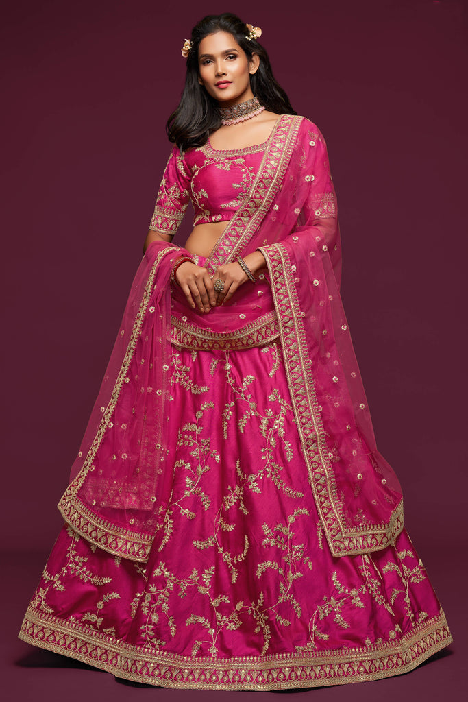 Gorgeous Pink Thread Embroidered Silk Wedding Wear Lehenga Choli