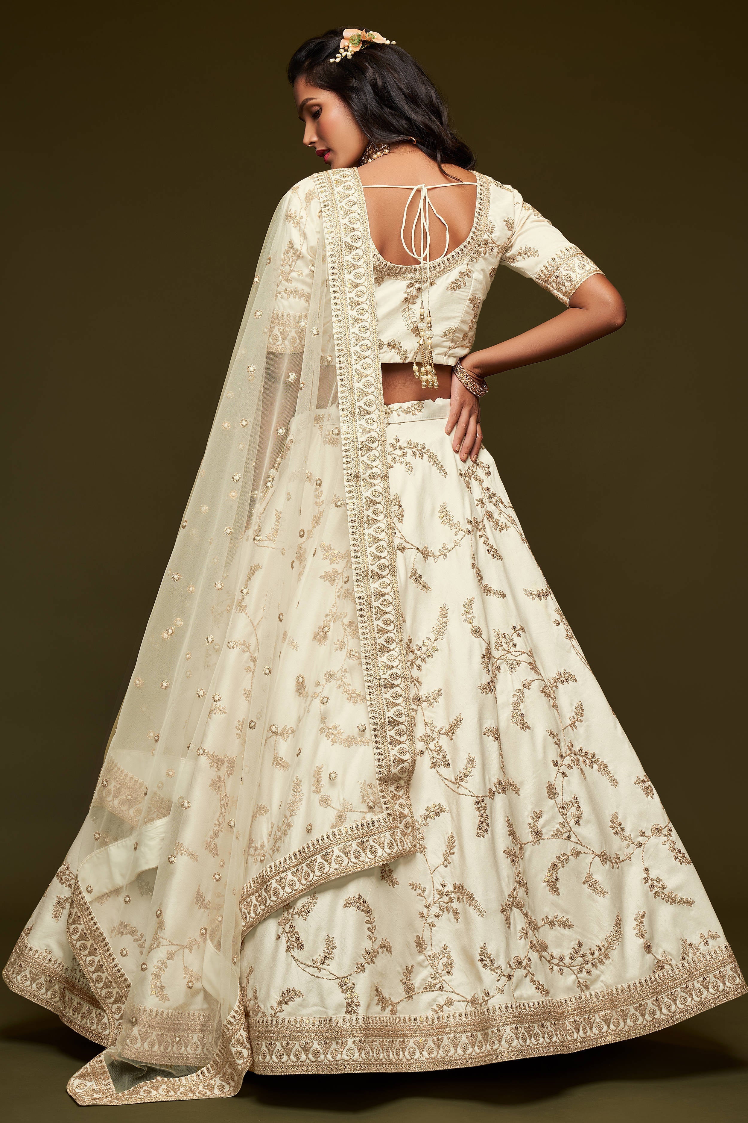 Beautiful White Thread Embroidered Silk Wedding Wear Semi Stitched Lehenga Choli