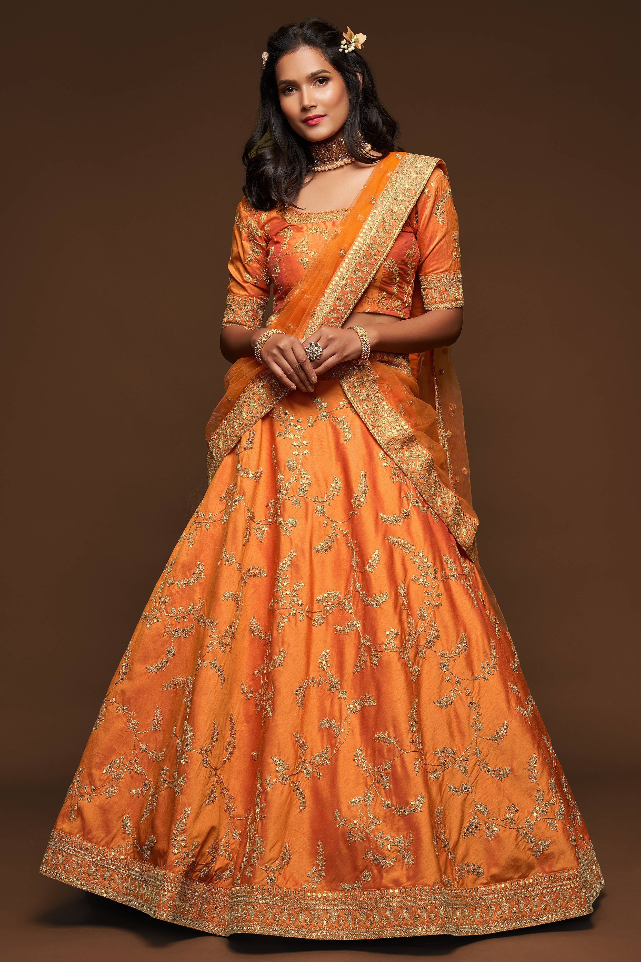 Attractive Orange Thread Embroidered Silk Wedding Wear Semi Stitched Lehenga Choli