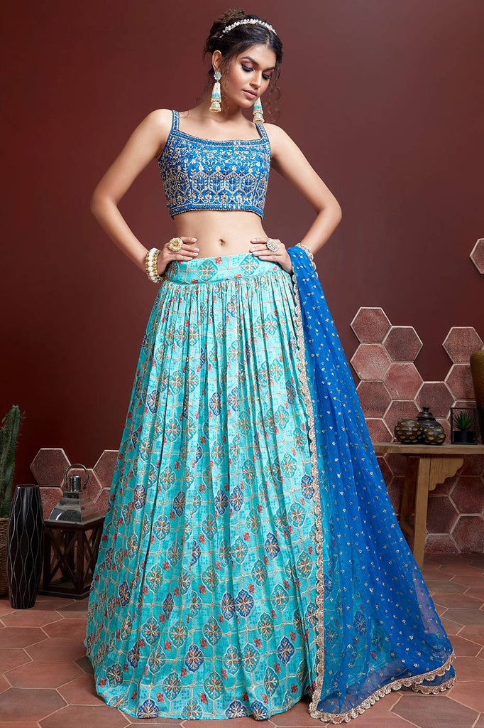 Blue Designer Indian Wedding lehenga choli with long Veil and Embellishment  -