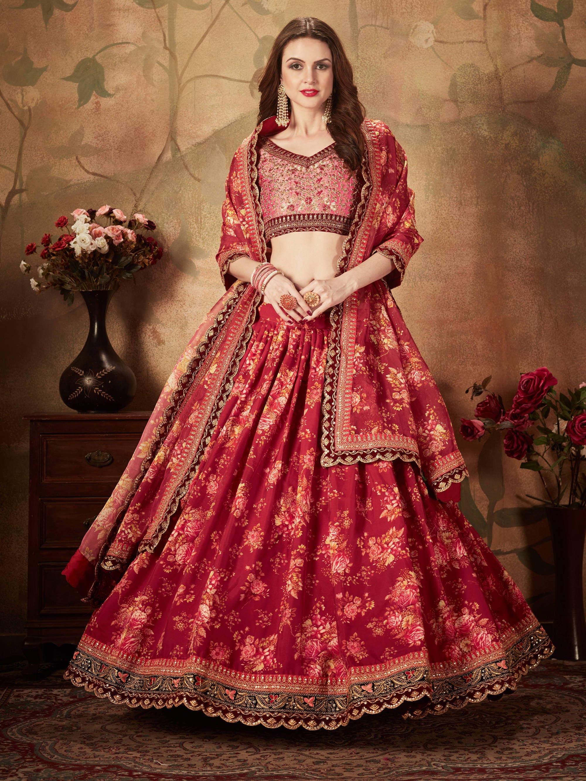 Stunning Maroon Floral Print Organza Silk Wedding Lehenga Choli With Peach Blouse