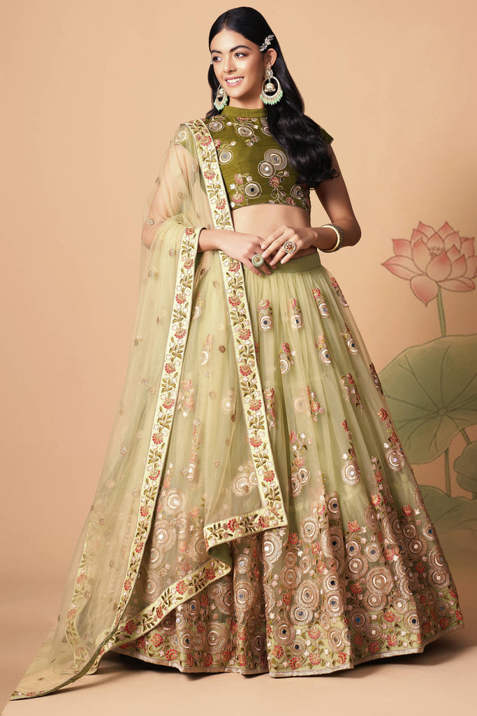 Buy Reception Wear Pista Green Sequins Work Satin Lehenga Choli Online From  Surat Wholesale Shop.