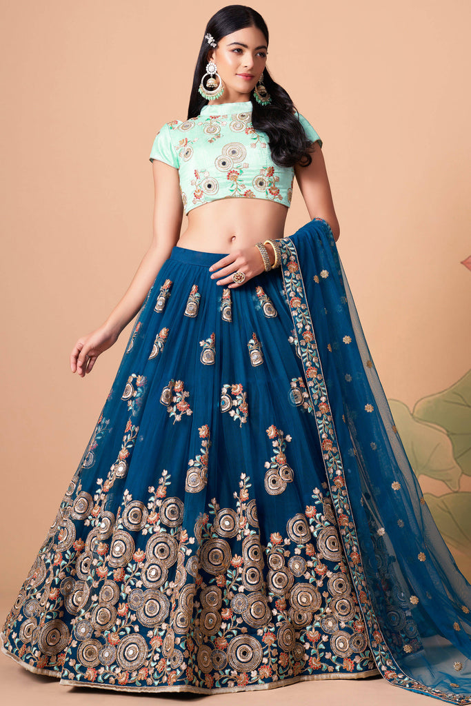 DELIVERY IN 20-25 DAYS) SEA GREEN COLOUR CROP TOP & SKIRT EMBELLISHED –  Kothari Sons