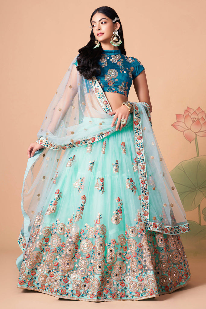 Peach and Sky Blue Taffeta Lehenga Set With Tulle Dupatta - Nitika Gujral-  Fabilicious Fashion