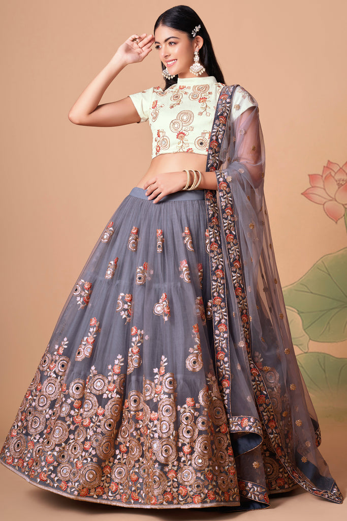 Grey Color Bridal Lehenga Choli With Rich Hand Embroidery