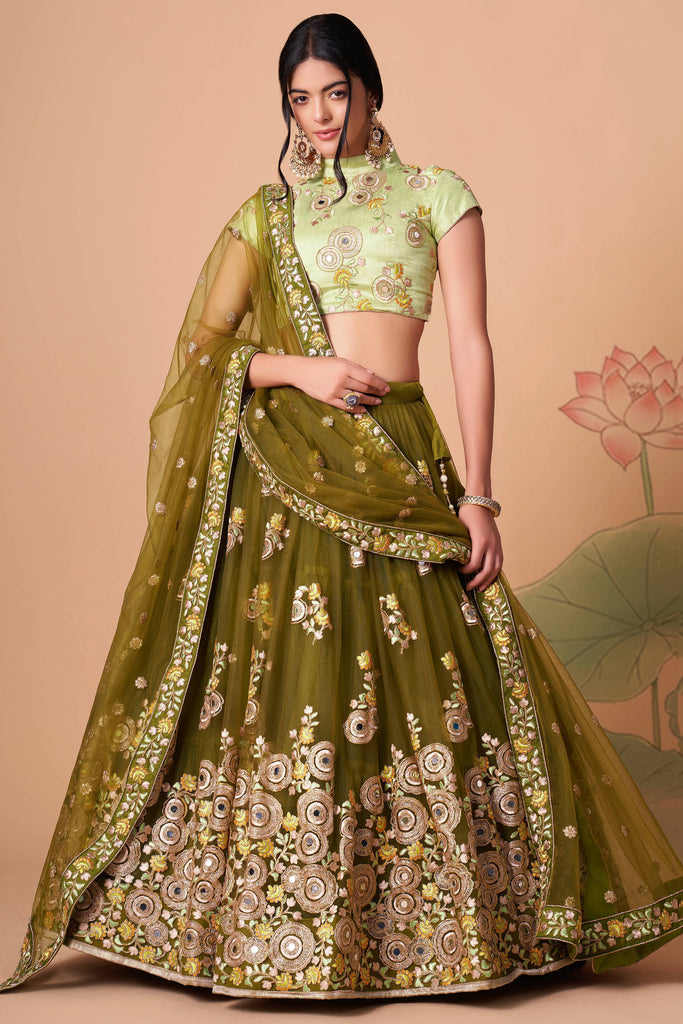 Green and Yellow Color Combination Wedding Collection Lehenga Choli With  Red Dupatta :: ANOKHI FASHION