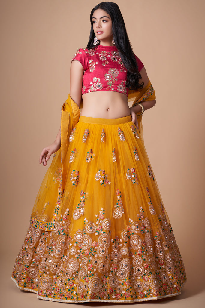 Yellow Netted Mirror Work Lehanga With Dupatta – Varnaas Boutique