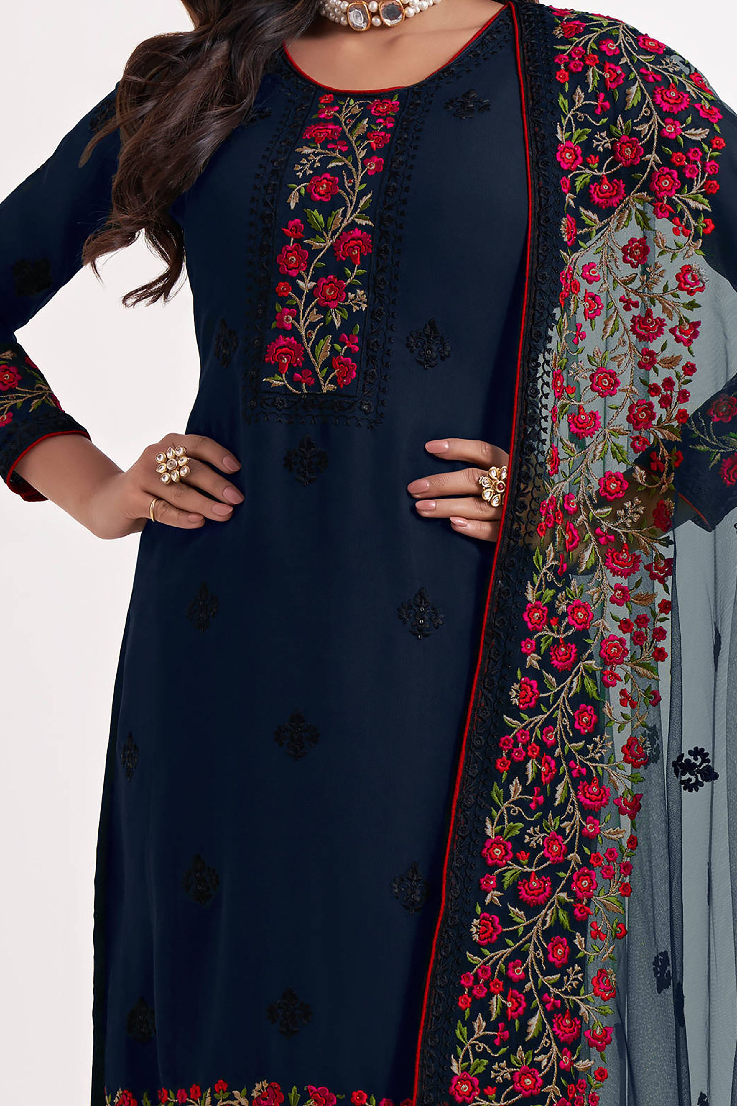 Navy Blue Thread Embroidered Georgette Paint Suit