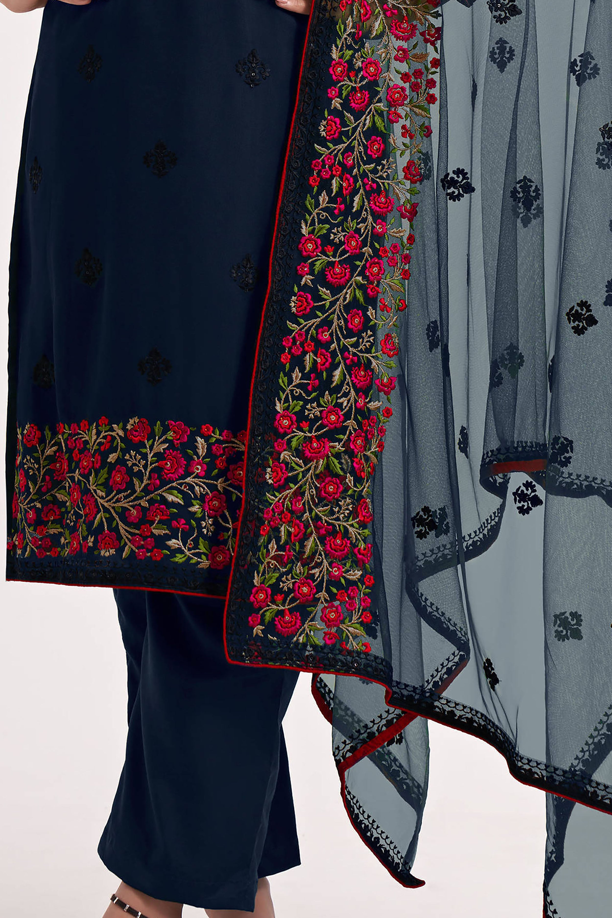 Navy Blue Thread Embroidered Georgette Paint Suit