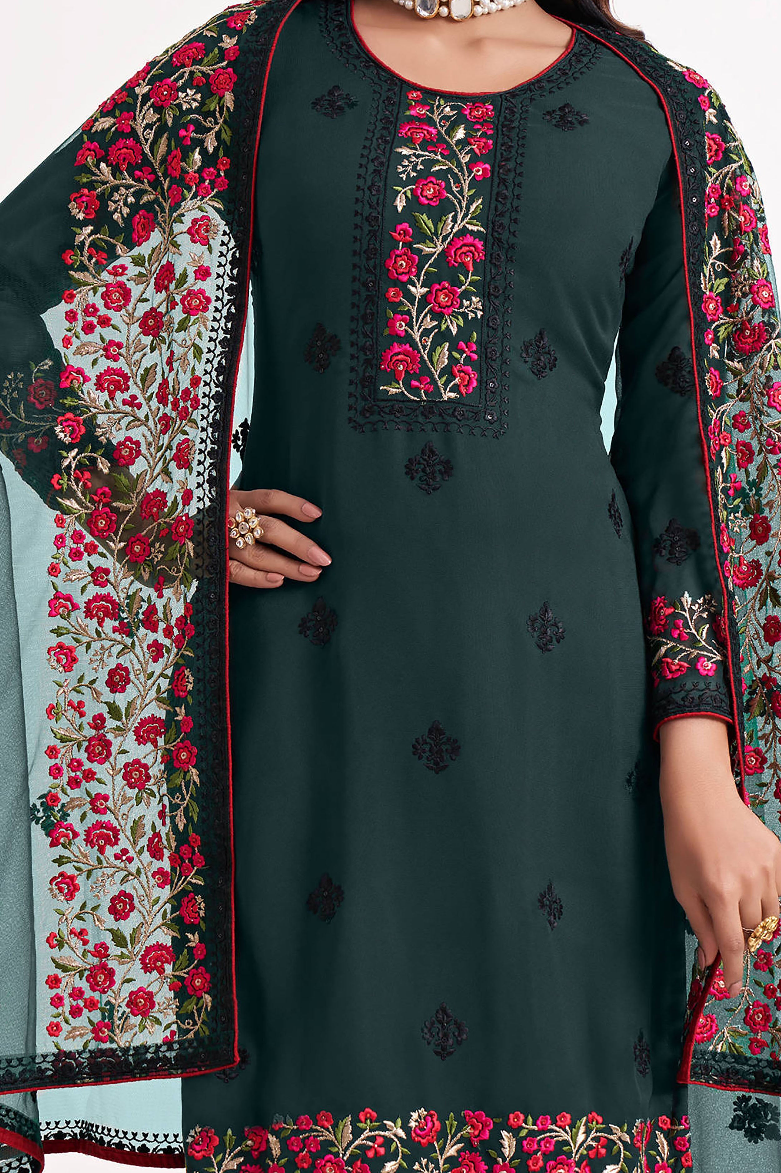 Green Thread Embroidered Georgette Paint Suit