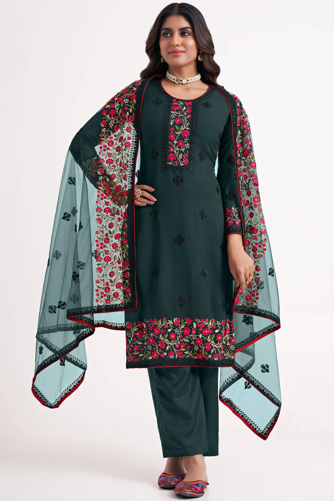 Green Thread Embroidered Georgette Paint Suit