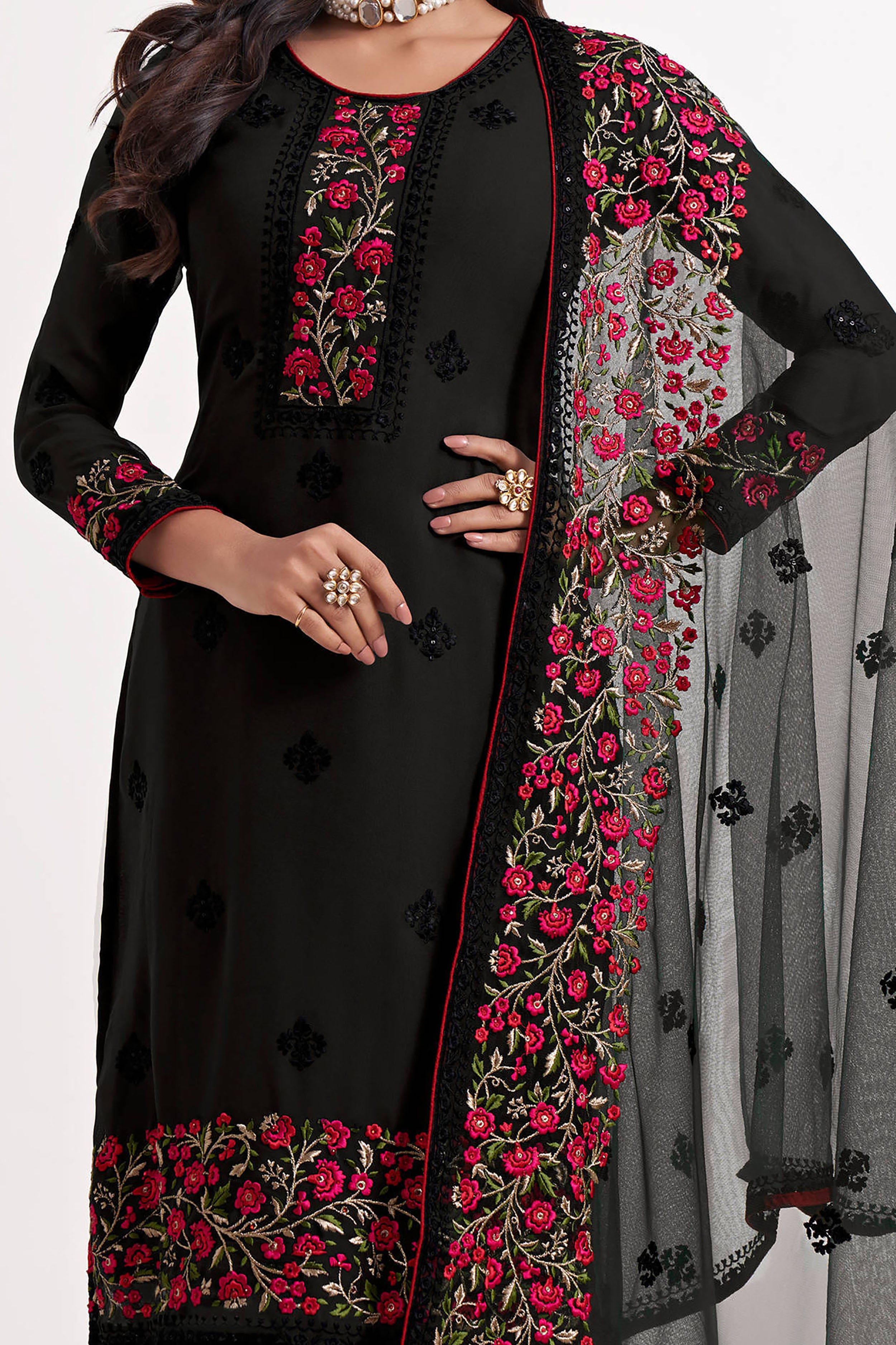 Black Thread Embroidered Georgette Paint Suit