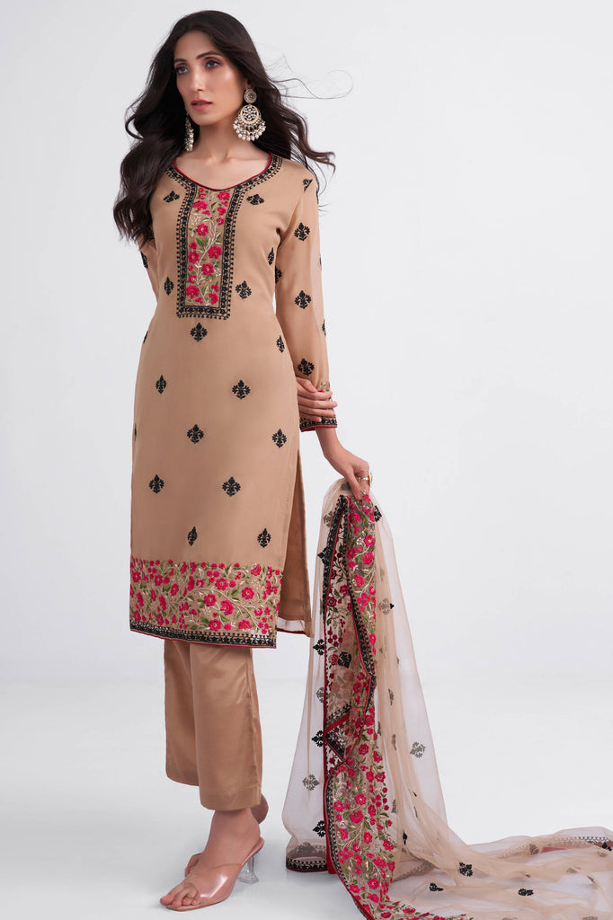 Light Brown Thread Embroidered Georgette Paint Suit